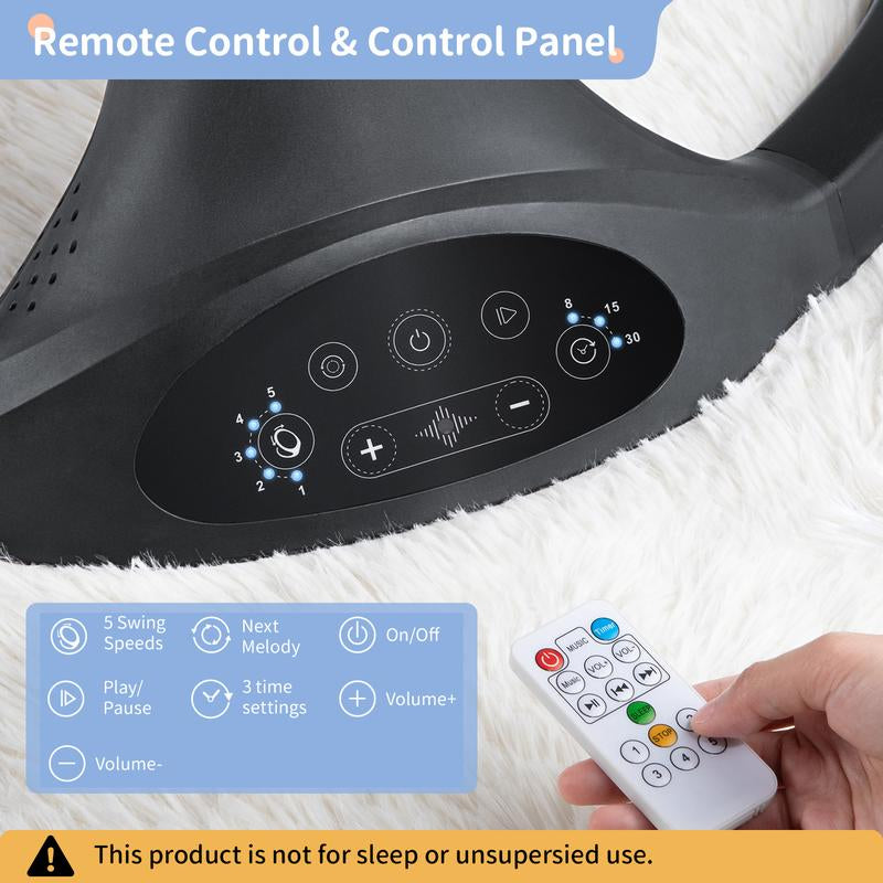 Portable Electric Baby Swing & Bouncer - 5 Speeds, Remote Control, Bluetooth, 10 Melodies - for Infants and Toddlers (0-6 Months, Max 20 lbs) - Stylish Black Color