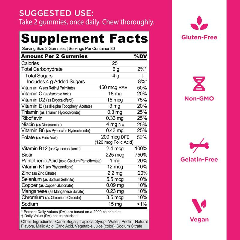 Ultimate Women's Multi Gummies 2-Pack: 13 Essential Vitamins for Hair, Skin & Nails, Immune & Heart Health - Vegan, Gluten-Free, Non-GMO!